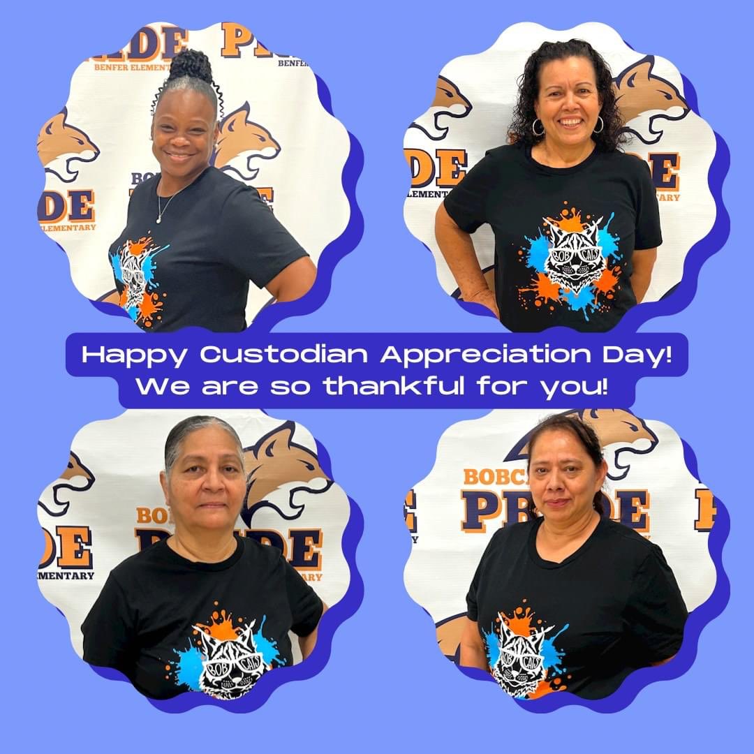 We ❤️ these ladies at Benfer Elementary!!! Happy Custodian Appreciation Day… we are thankful for your support every single day. #TeamBenfer 🧡🐾💙🧽🪣🧹