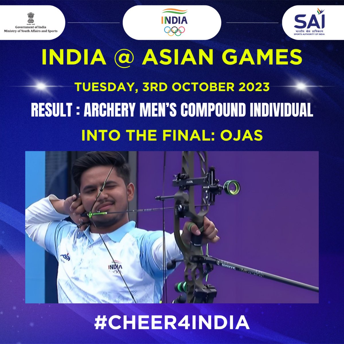 Media_SAI's tweet photo. Perfect Score Finish by OJAS🏹

#KheloIndiaAthlete Ojas won against Yang Jaewoon from Korea with a scoreline of 150 -146.

Equaling the world record of 150 once again🤩🔥

With this, he makes it an all-Indian final and assures a 1-2 medal finish for 🇮🇳

#Cheer4India
#Hallabol
#JeetegaBharat
#BharatAtAG22