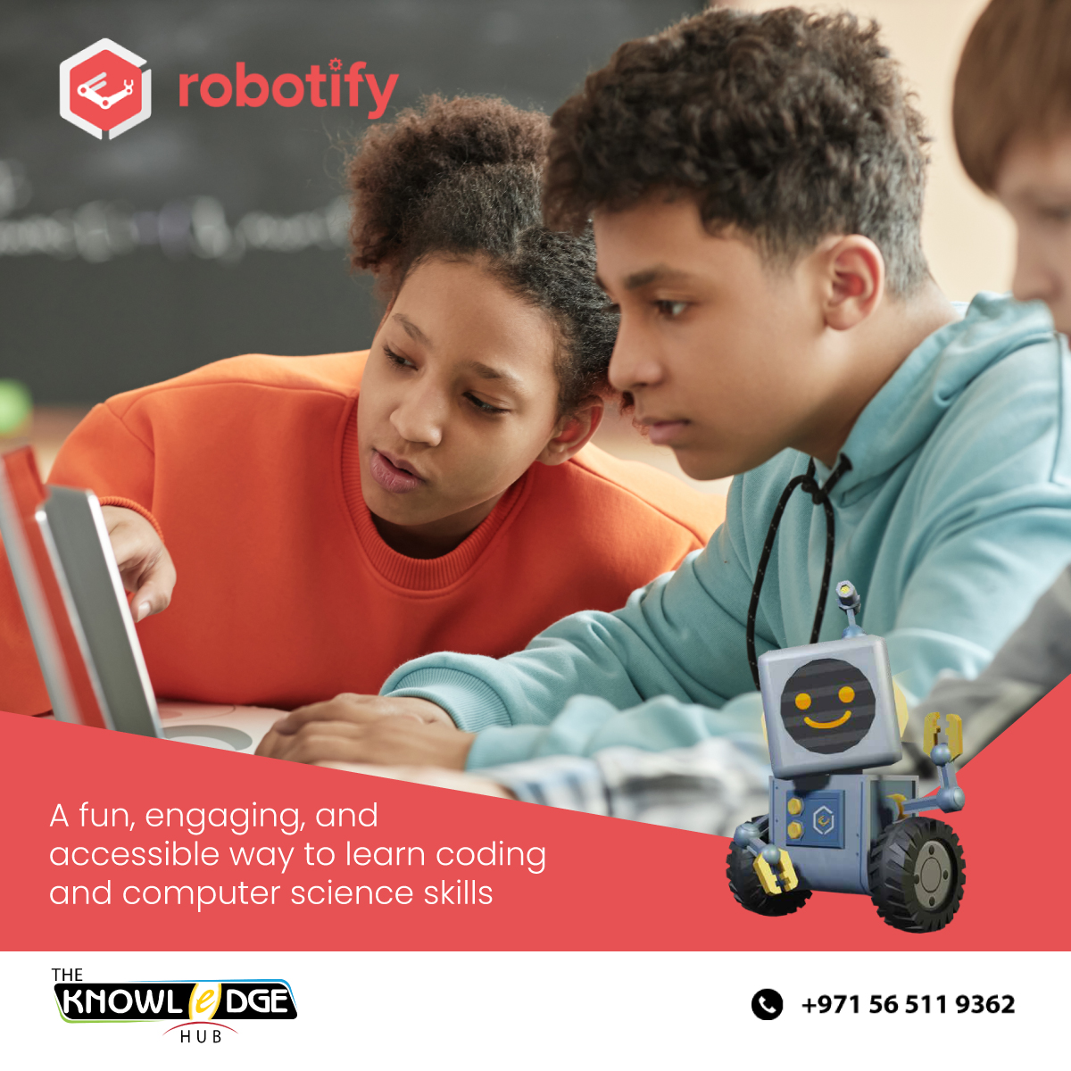 Knowledgehubdxb's tweet image. Computer Science skills are essential in every field. Start young with Learn Coding Anywhere, Anytime! Dive into the world of coding and computer science with Robotify's 3D simulator – an exciting, accessible way to learn in Blockly or Python. #Robotify #steameducationforkids