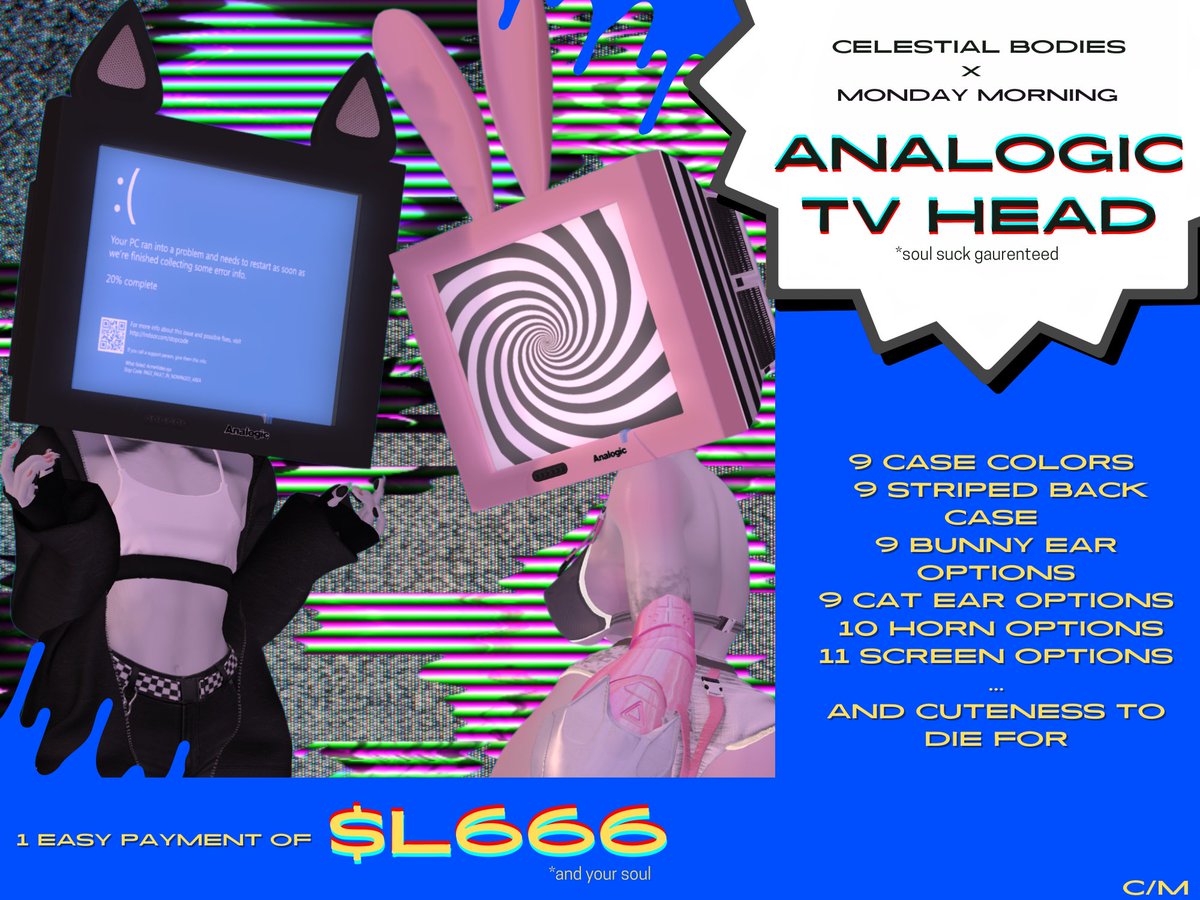 Celestial_SL's tweet photo. Coming to @Mystical_Market on the 5th; Analogic TV Head. For all your cursed object needs!
Just 1 easy payment of L$666.
Mesh by @ponwei, textures by Celestial Bodies, ad by @Zyvelz (tysm for both capturing my vision.) https://t.co/xcDFwLAtrz