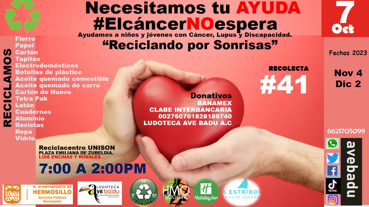 AveBadu's tweet photo. Reciclando por Sonrisas” #41 va dirigida a Alison Renata Sabori Marín, ella tiene cáncer llamado Sarcoma de Edwing y dentro de poco comenzará con radiaciones, ella solo tiene 12 añitos y viene de Caborca, Sonora, este 7 de octubre requiere de nuestro apoyo, puedes traer material https://t.co/IEVoZhjx0f