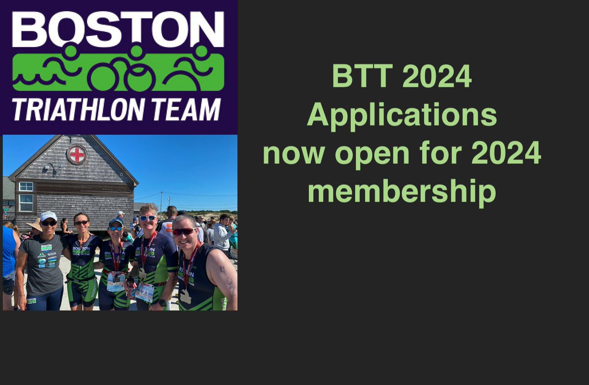 Boston Triathlon Team (BTT) is now accepting new membership applications through Sunday, October 29th for the upcoming 2024 season.  Please complete the online form forms.gle/sfc4AMs53KL1ou…
#bostontriteam