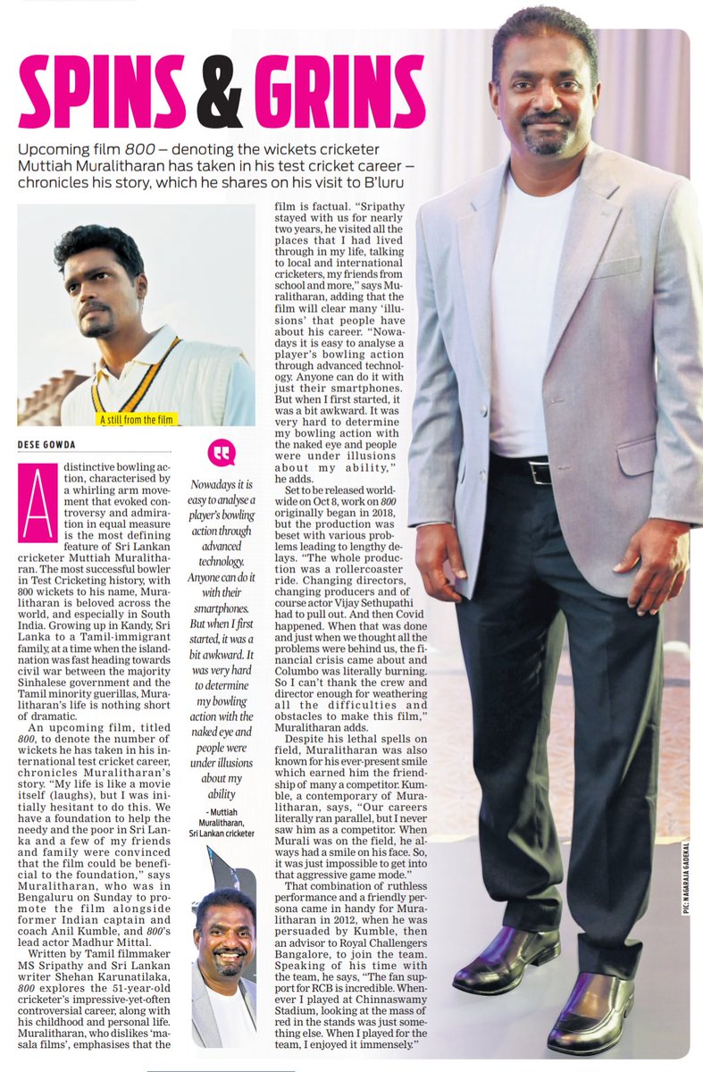 Upcoming film #800TheMovie- denoting the wickets cricketer #MuttiahMuralitharan has taken in his test cricket career- chronicles his story, which he shares on his visit to B'luru newindianexpress.com/cities/bengalu…
