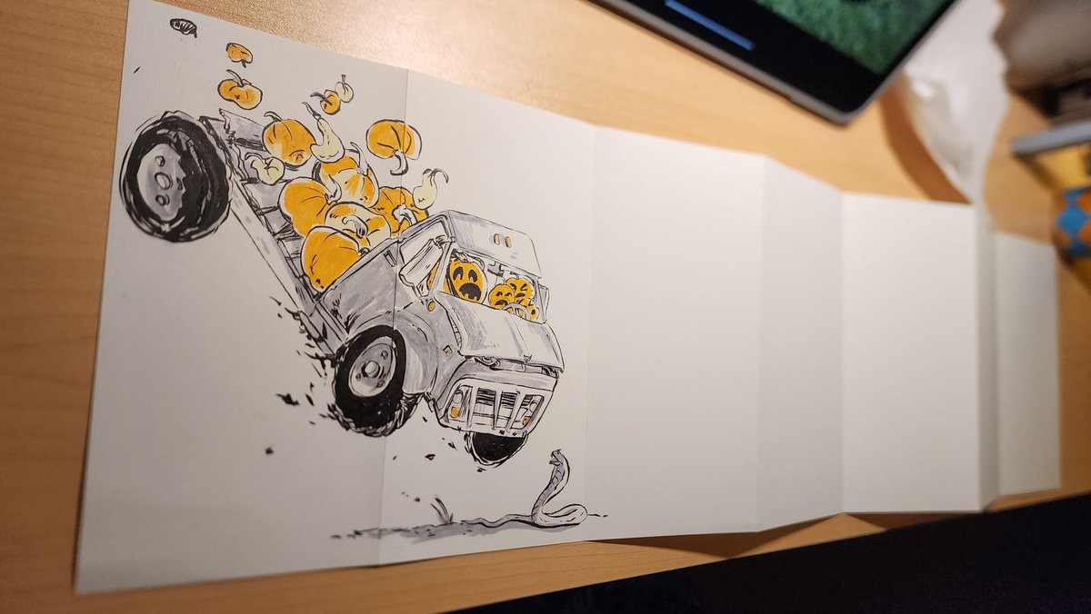 sleepydino's tweet photo. I was out last year due to cancer treatment, so I'm excited to do #Artober this year! Every day I'll ask my 4 yo son what to draw. It'll be 1 character/day for 31 days to fill out the space of this accordian sketchbook I picked up.

Day 1: A truck for his friend 🥹
Day 2: A cobra https://t.co/EW9lFFDnuj