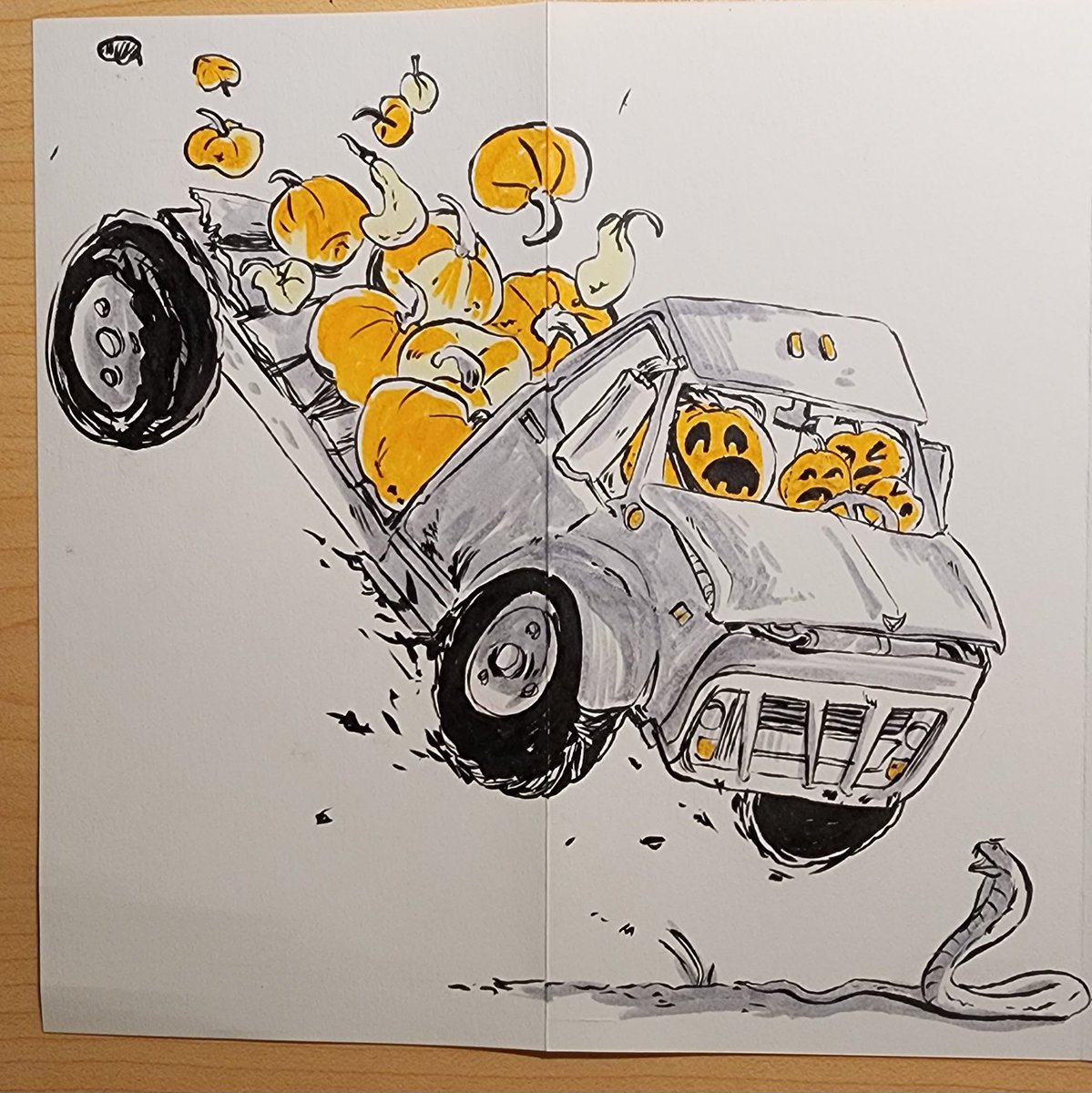 sleepydino's tweet photo. I was out last year due to cancer treatment, so I'm excited to do #Artober this year! Every day I'll ask my 4 yo son what to draw. It'll be 1 character/day for 31 days to fill out the space of this accordian sketchbook I picked up.

Day 1: A truck for his friend 🥹
Day 2: A cobra https://t.co/EW9lFFDnuj