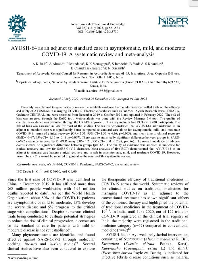 CCRAS_MoAyush's tweet photo. RESEARCH ARTICLE: "AYUSH-64 as an adjunct to standard care in asymptomatic, mild, and moderate COVID-19: A systematic review and meta-analysis" by CCRAS &amp; NARIP is published in Indian Journal of Traditional Knowledge (Scopus I-Factor 1.091 ), NIScPR-CSIR.
https://t.co/2vTM8hnNFI https://t.co/bU3HAt2iY0