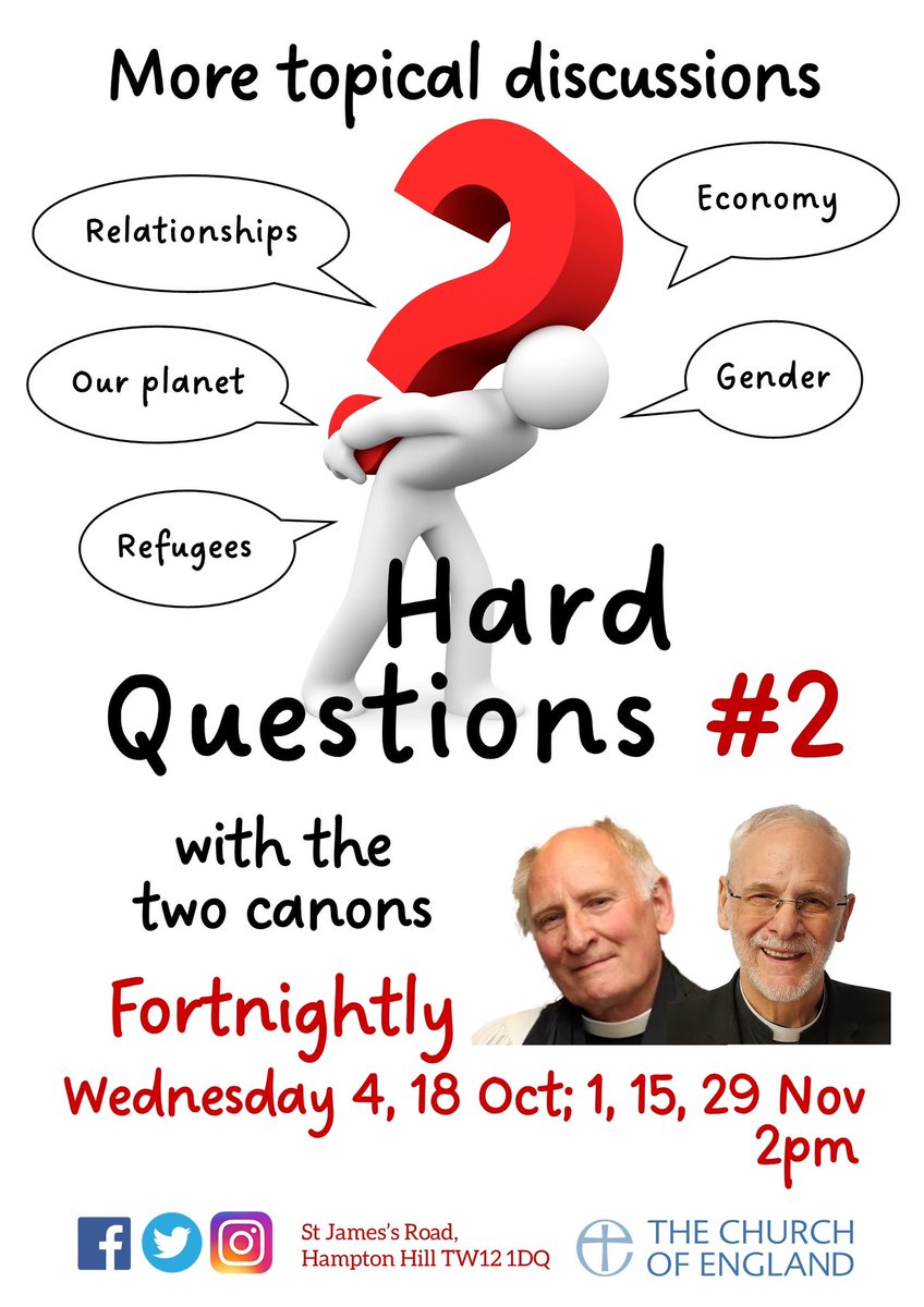 Hard Questions #2 is starting tomorrow at 2pm! Join the two Canon’s as they seek to address some of life's hard questions. They’ll be exploring these bubbles through faith in Jesus. 

Come and join us!  

#hardquestions #faith #group #church #TW12
