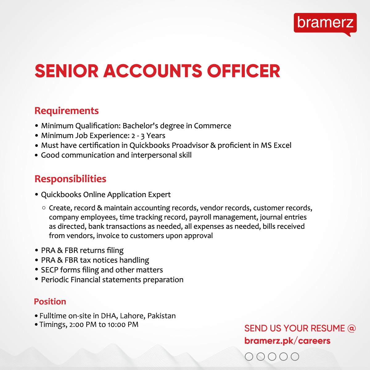 Bramerz is looking for an Accounts Officer. The position is on-site and based in Lahore.

You can apply on the following link:
airtable.com/appxWVl84BDsud…

@badar76

#accountsofficerjobs #seniorposition #bramerz #jobsinlahore