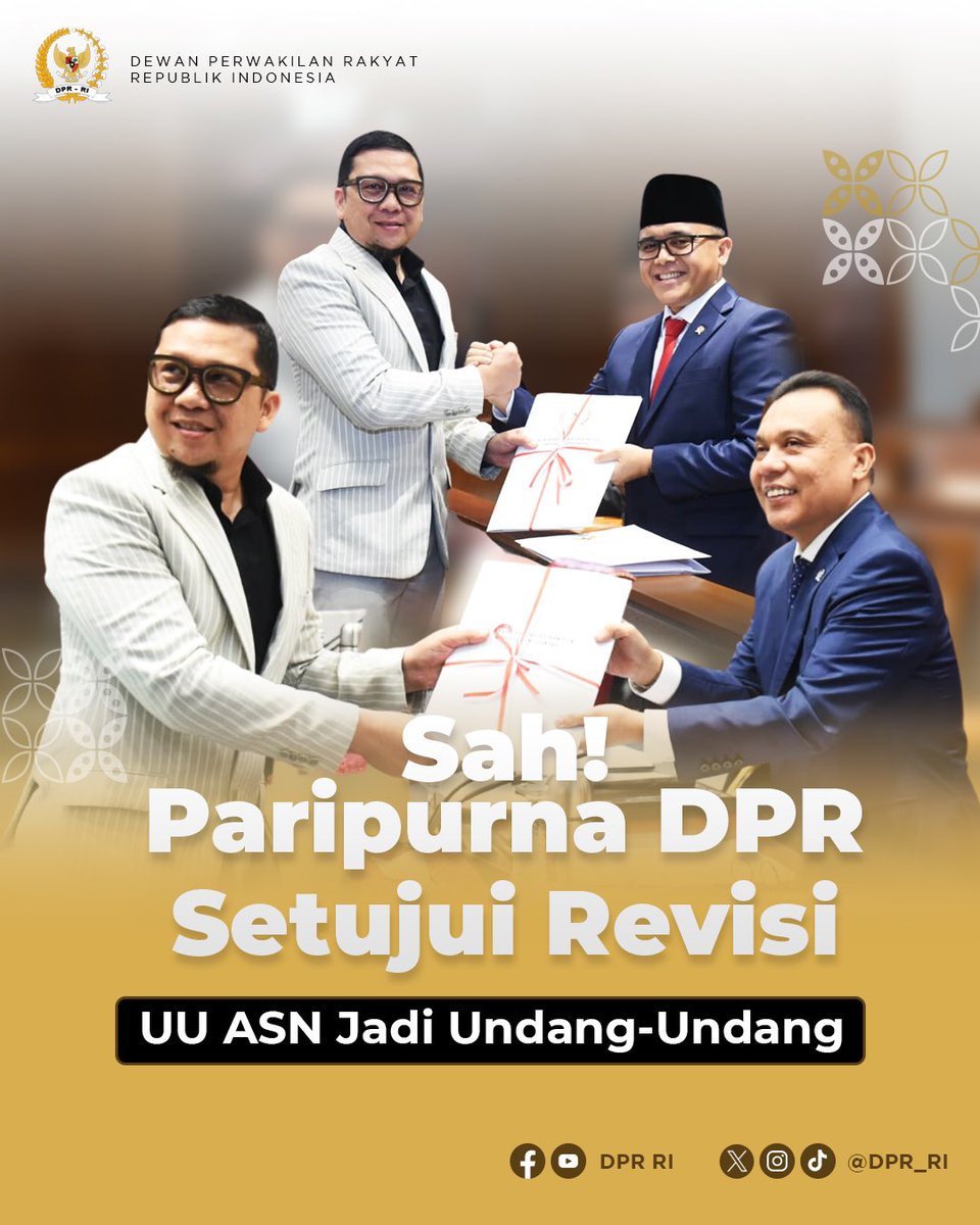 Selamat atas disahkannya RUU tentang Perubahan atas Undang- Undang Nomor 5 Tahun 2014 tentang Aparatur Sipil Negara menjadi Undang-Undang pada Rapat Paripurna DPR RI Ke-7 Masa Persidangan I Tahun Sidang 2023 — 2024, Selasa, 3 Oktober 2023. 

#ParipurnaDPR #RUUASN #UUASN