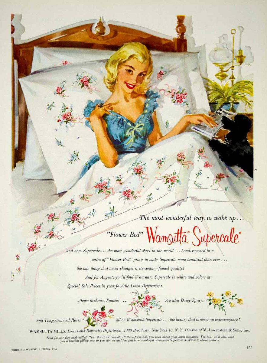 TheShopOn13thSt's tweet image. Good Night. Sweet Dreams. 

1956 Wamsutta Supercale, Flower Bed, #BedLinens #Bedsheets Brides Magazine Print Ad.
#1950s #midcentury #bedding