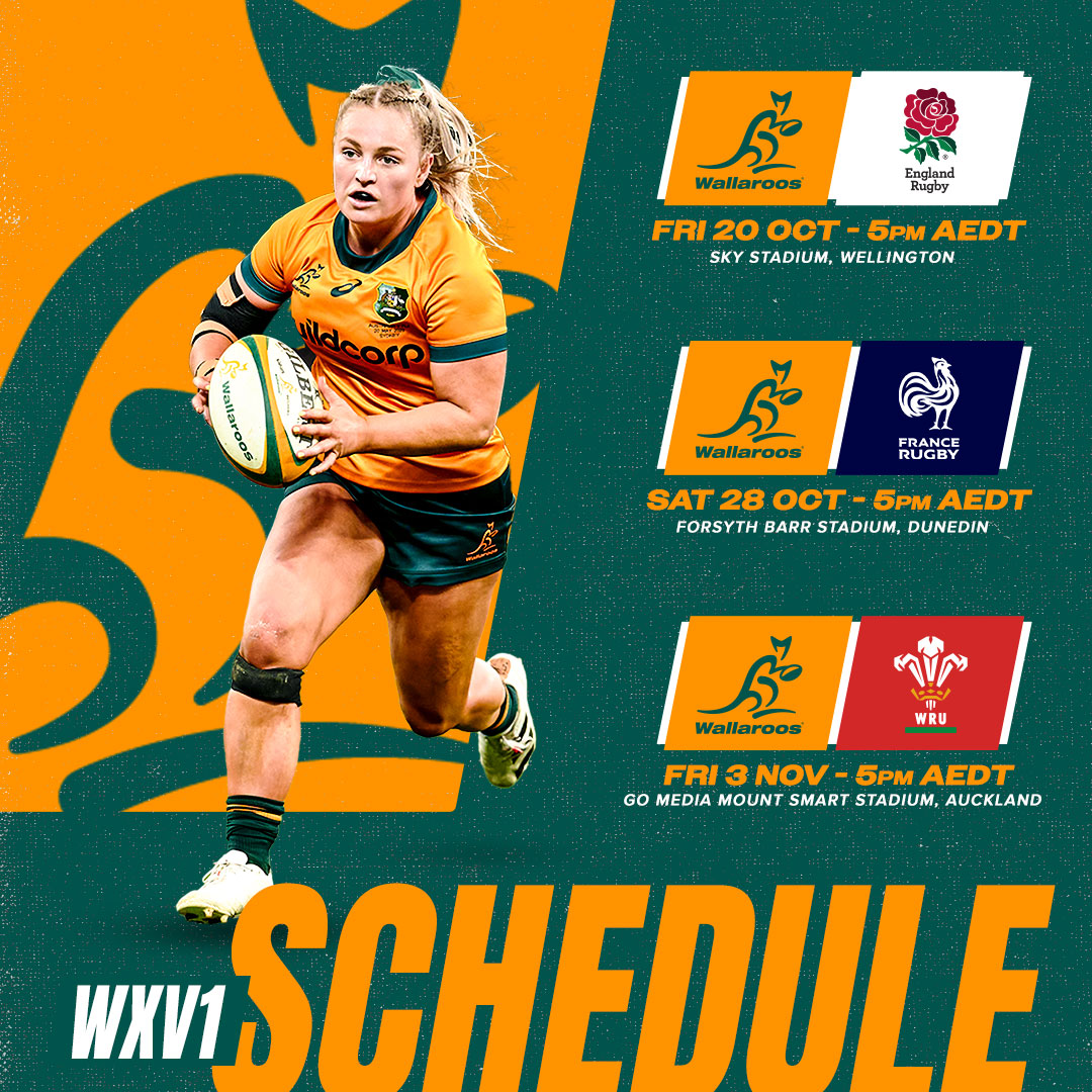 WXV1 is just around the corner 👀 The Wallaroos will be taking on the world's best this October and November in the inaugural WXV1 tournament. Save the dates and be sure to tune in! #Wallaroos #WXV1