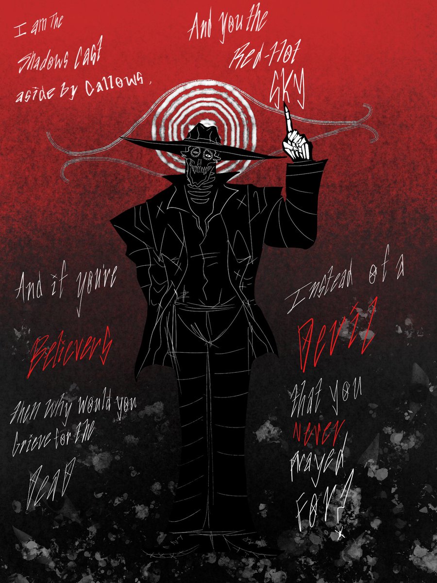 ask_ufpapyrus's tweet photo. WillSongTober
1 : Outliars and Hyppocrates

I am the shadows cast aside by gallows, and you the red-hot sky
And if you're believers, then why would you grieve for the dead instead of a devil that you never prayed for?
#myart #Willsongtober #SnakeEyes
#myPrompt #myoc https://t.co/g7YQ2U7Omi