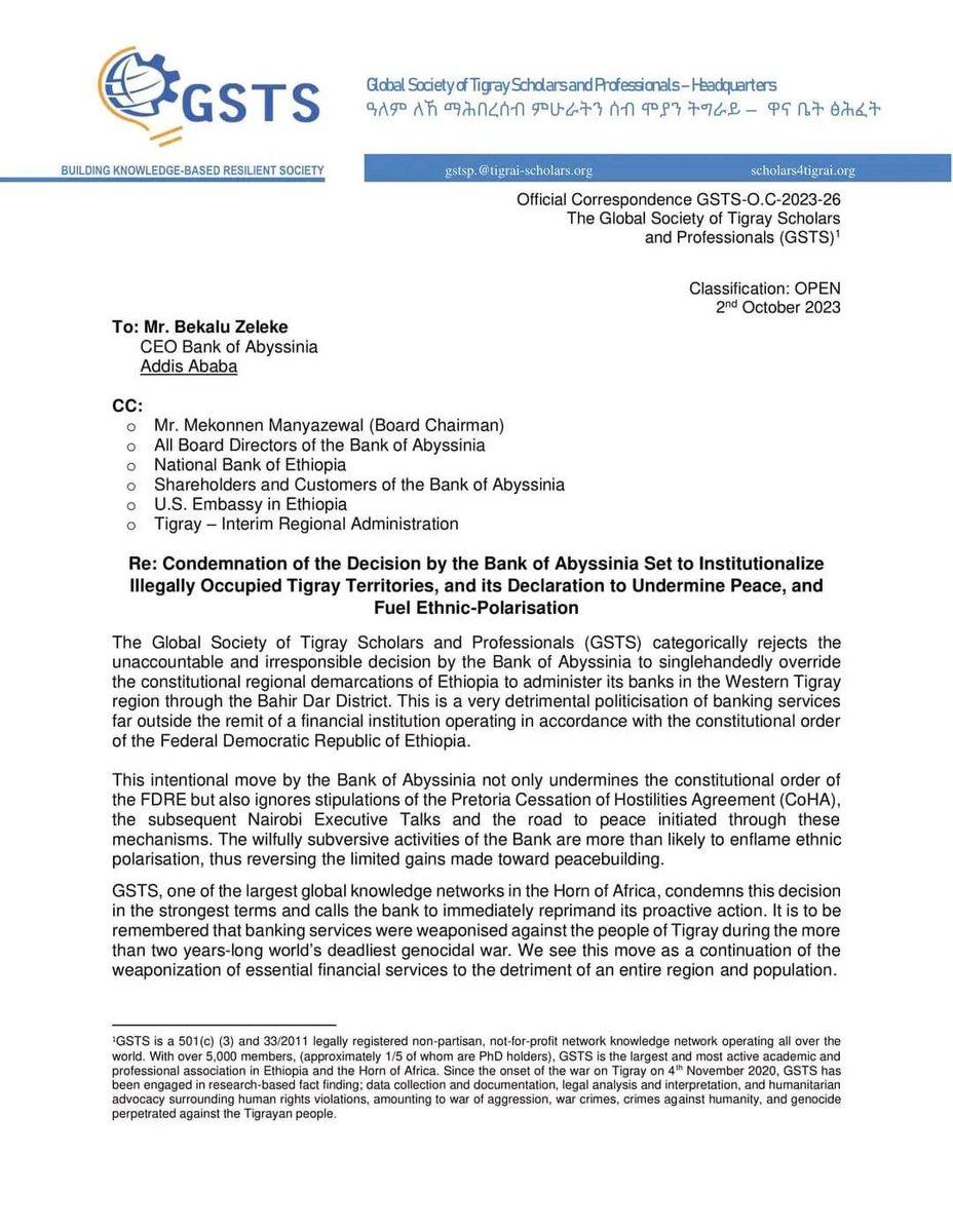 dawitawramba's tweet photo. The Global Society of Tigrayan Scholars (@GlobalGsts), an organization comprising over 5000 scholars and professionals from around the world, strongly condemns @AbyssiniaBank for disregarding constitutional boundaries through the undue politicization of banking services. https://t.co/8OEFrFCzRs