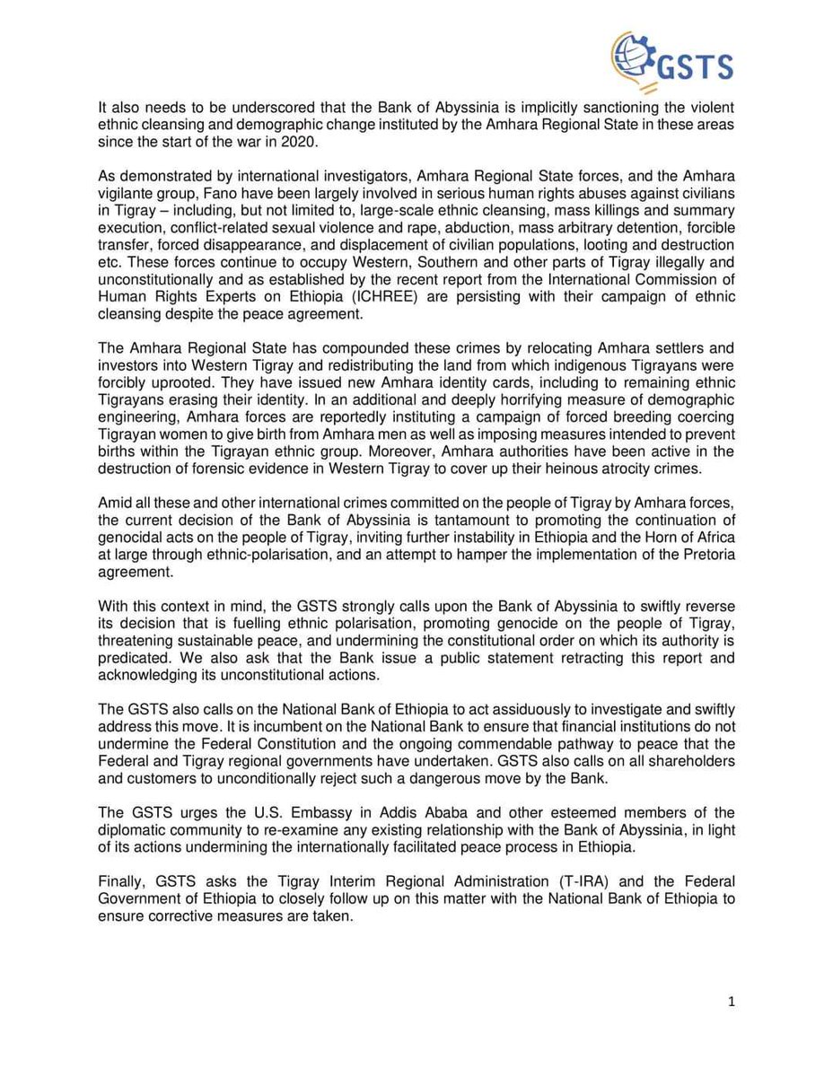 dawitawramba's tweet photo. The Global Society of Tigrayan Scholars (@GlobalGsts), an organization comprising over 5000 scholars and professionals from around the world, strongly condemns @AbyssiniaBank for disregarding constitutional boundaries through the undue politicization of banking services. https://t.co/8OEFrFCzRs