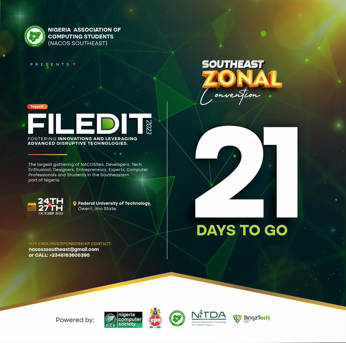 nacossoutheast's tweet photo. The excitement is building as we inch closer to the NACOS Southeast Zonal Convention 2023! 

Just 21 days to go until we embark on a tech-filled journey of innovation, learning, and networking. 🎉💻

🚀 Register Now:  https://t.co/1GOAP3gklm 

#FILEDIT2023 #NACOSSoutheast #NACOS https://t.co/Hz4KBS1O7N