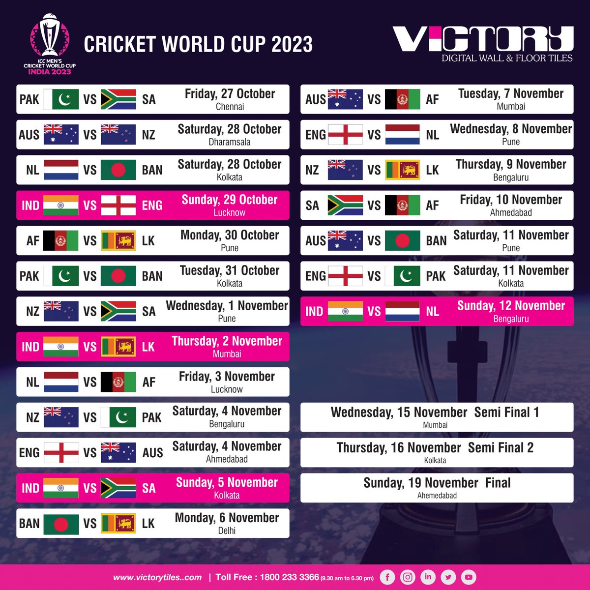 victoryceratech's tweet photo. Gear up for a cricket extravaganza like no other! 🏆🏏 The World Cup Cricket Schedule is here, and we've got you covered with all the match details. Let the games begin!" #WorldCupCricket #cricketfever #worldcup2023india #victoryceratech #vpjgroup 🌍🏏 https://t.co/1Z9WoXPoik