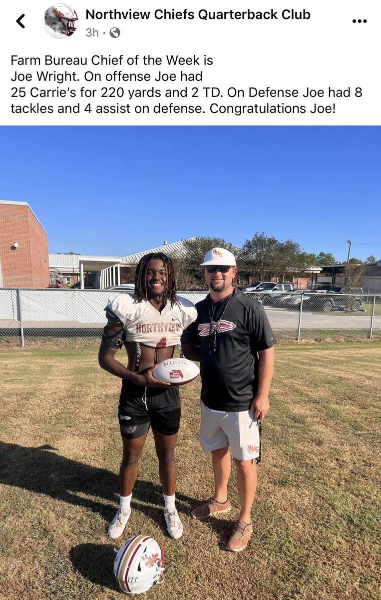 JoeWrightV's tweet photo. Blessed to be named Farm Bureau Chief of the week! 25 Carries for 220 yards 2 TD’s and 12 tackles on defense 👺 https://t.co/enlUEgR6I1
