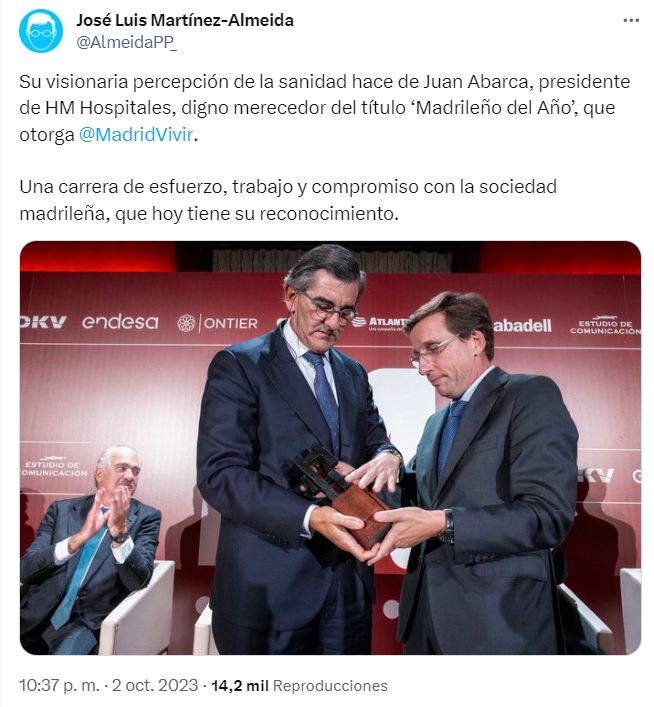 Idiazaquso's tweet photo. Casualmente, Juan Abarca testificó a petición del PP en la comisión que investigó la muerte por covid de 6.000 mayores entre marzo y abril de 2020, para confirmar que la Comunidad de Madrid no derivó a sus hospitales a los enfermos de las residencias que no tenían seguro mientras los centros públicos colapsaban.https://t.co/WFjPdtq7gF