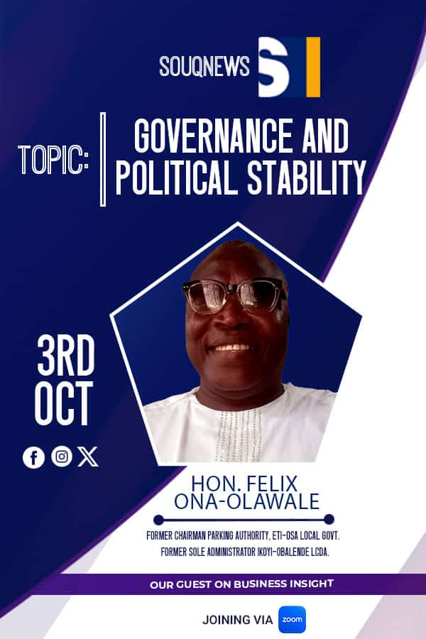 SOUQNewsTV's tweet photo. Join us at 7 AM for Early Exchange as we discuss Governance and Political Stability with Hon. Felix Ona-Olawale.
#NLCStrike #3rdofOctober #letsgobranchless #BolaTinubu https://t.co/OZ2gb5eR4D