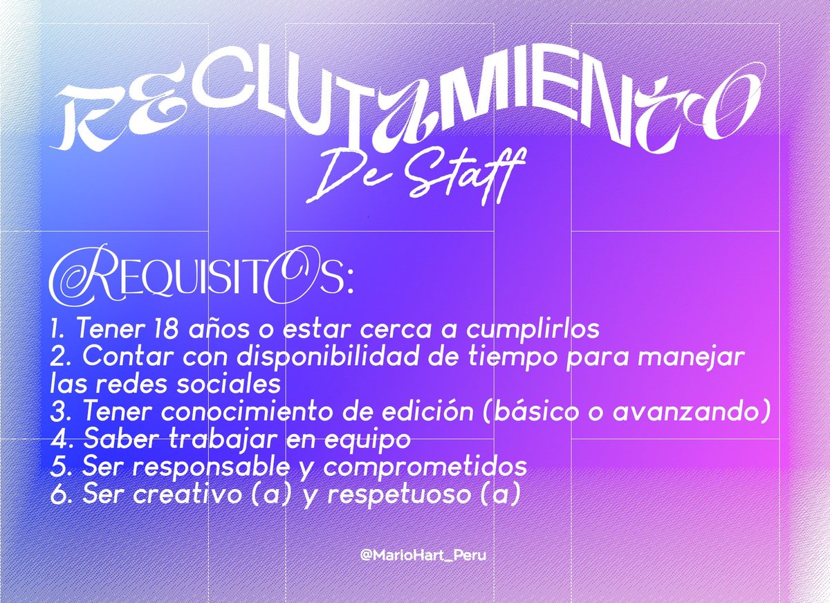 [📣] 𝗥𝙀CLUTAMI𝙀NT𝕆 D𝐸 𝓢T𝘼FF‼ ⛧

 (   ᖭི༏ᖫྀ   ) ¿Tienes interés en formar parte de nuestro equipo? ¡Pues está es tu oportunidad!. Si estás interesado (a) y cumples con los requisitos, contáctanos por DM ♡
 
#MARIOHART #PERU | © MARIOHART_PERU