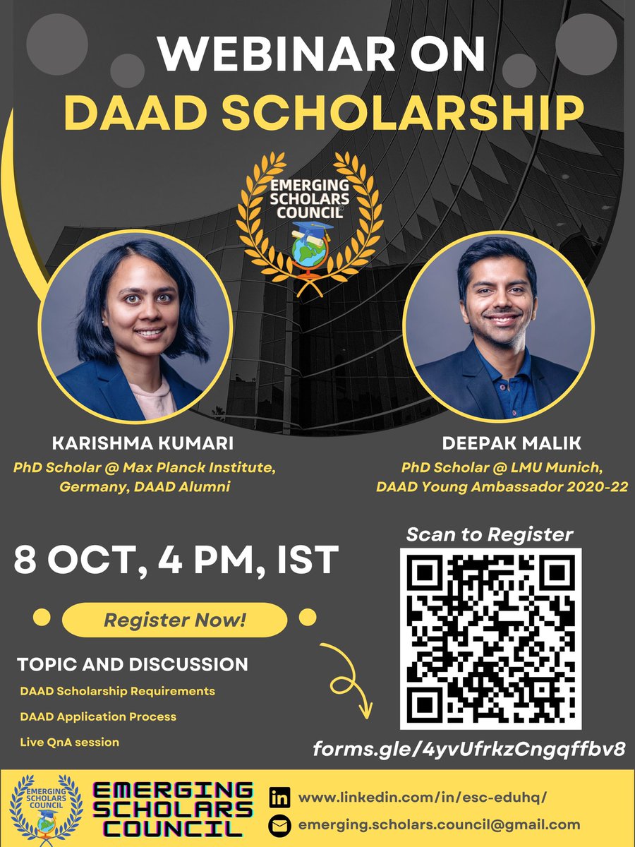deepmalik8281's tweet photo. 📚Join the upcoming Webinar on DAAD Scholarship 🌍

📅 Date: October 8th
⏰ Time: 4:00 PM (IST)

Webinar with live QnA session and tips for a successful DAAD PhD application from DAAD Alumni.

Link in this thread below

#Daad #PhD #Scholarship #phdforum #AcademicChatter #Science https://t.co/Opssr7Jj90