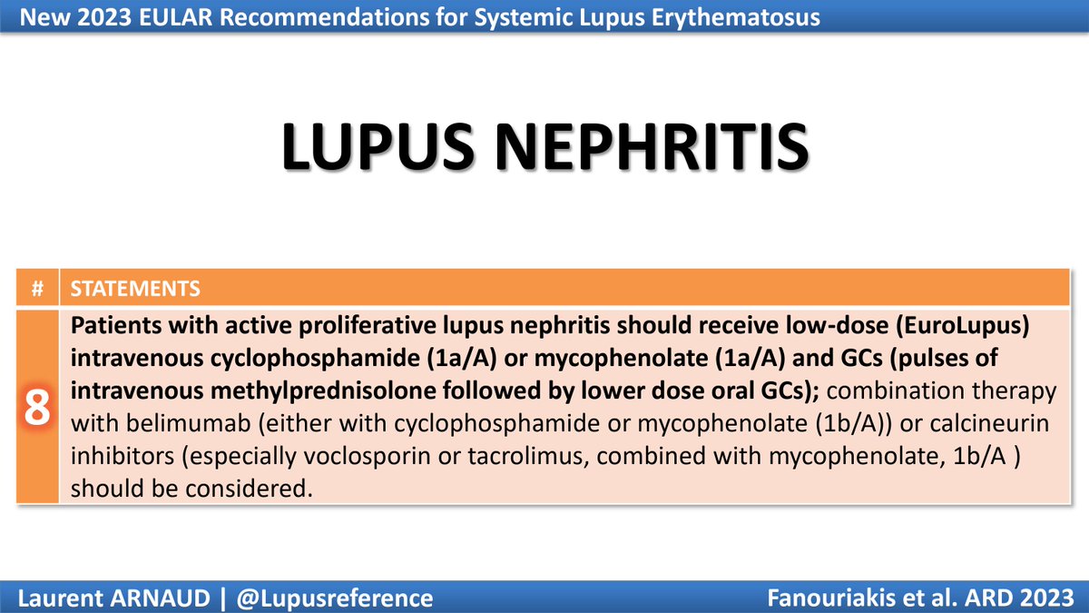 ✅ Today, let's check the first 😏#2023 EULAR guideline for #Lupus #nephritis (statement 8)

For active proliferative #LN:
➡️ IV-mPred + oral GCs
➡️ MMF or ld IV CYC (Eurolupus)
➡️ Belimumab or CNI should be considered

Question to our #nephrology colleagues: what do you think?