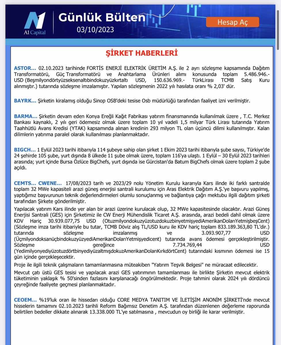 iyicebilgi's tweet photo. Önemli şirket haberleri #astor #bayrk #barma #bıgch #cemts #cwene #ceoc Via A1 Capital https://t.co/9tXWkKevpy