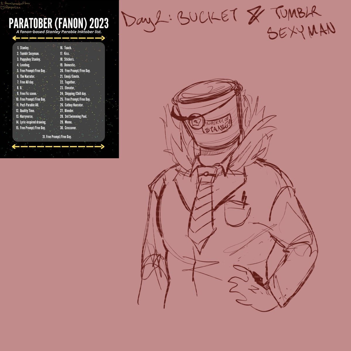 #Paratober Day 2: Tumblr Sexy man/Bucket 

Decided to mix Day two of both #Paratober2023 lists. It was really late & I was falling asleep as I drew this, apologies for the poor quality - Cympholia 〽️

#TheStanleyParable #tsp #tspud #StanleyParable #reassurancebucket #tspbucket