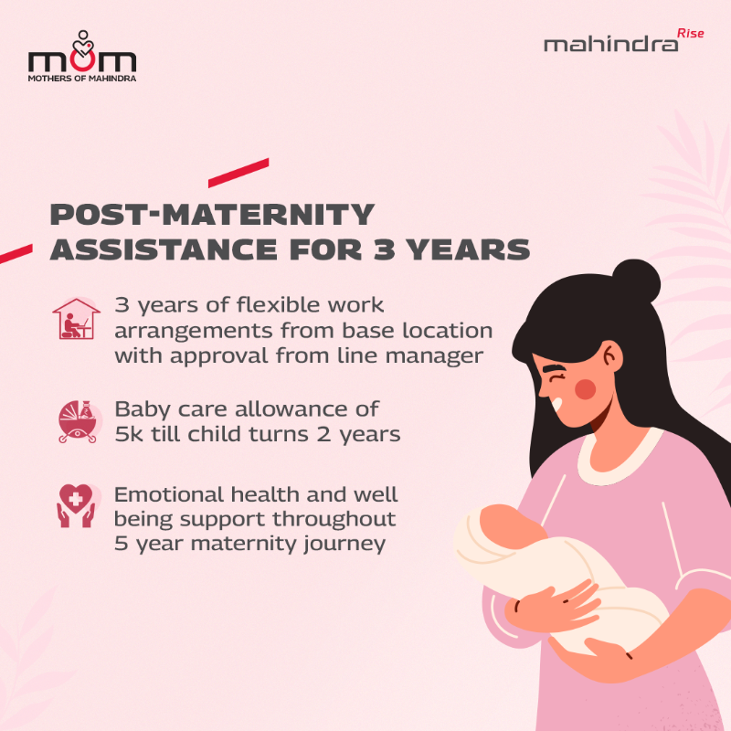 MahindraRise's tweet photo. Our 5-Year Maternity Policy is more than just a policy; it's a promise. 
It's a promise to support our #MothersOfMahindra to pursue their dreams without compromising their role as loving mothers. Discover the highlights here. 
#TogetherWeRise #InclusiveCulture #NewMaternityPolicy