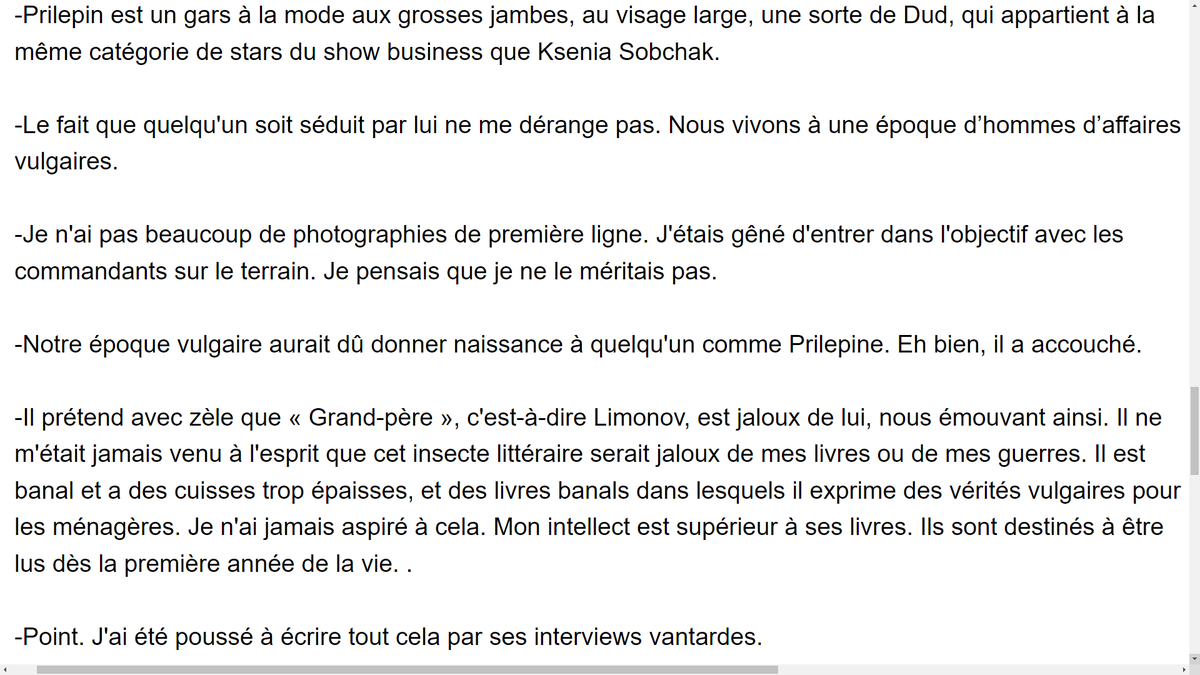JosDomi77504002's tweet photo. #Limonov #Prilepine
Réservé aux connaisseurs.
Impitoyable jusqu'à la fin, le 11 mars 2020 (6 jours avant sa mort), Édouard Limonov s'en est pris violemment à Zakhar Prilepine, qui s'était toujours considéré son disciple.
Imparfaitement traduit pas Google Trad, mais on comprend. https://t.co/RglNOcZMPS