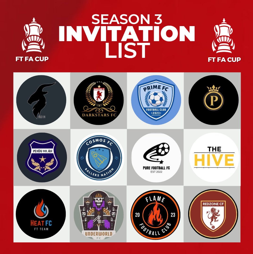 FTFACup's tweet photo. 🏆 𝐒𝟑 𝐈𝐍𝐕𝐈𝐓𝐀𝐓𝐈𝐎𝐍 𝐋𝐈𝐒𝐓

We invite the following to take apart in the S3 #FTFACup. If you accept, please reply or DM us

@GoatFCclub @DarkStarsFT @ThePrimeFc @PROCESSFCFT @PenduFC @Cosmos_FTFC @PureFootballFC @TheHiveFC @HeatFCFT2 @FcUnderworld @FlameFCFT @RedZoneCF https://t.co/EUKK5qePII