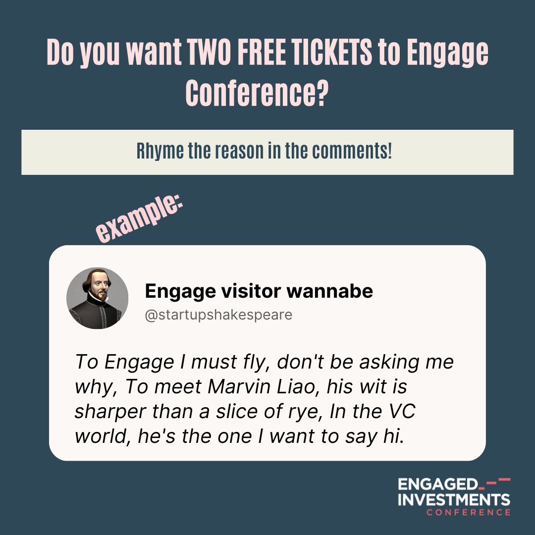 StartupEvaluat1's tweet image. 💥Tickets for the leading VC Conference in the region💥👇

Engage with us &amp;amp; win tickets to the #EngageConference!

👉Write us a rhyme about why is this conference interesting &amp;amp; why you want to attend. The winner will get 2️⃣ tickets!

Winners will be announced on Tue 12.10. ❗