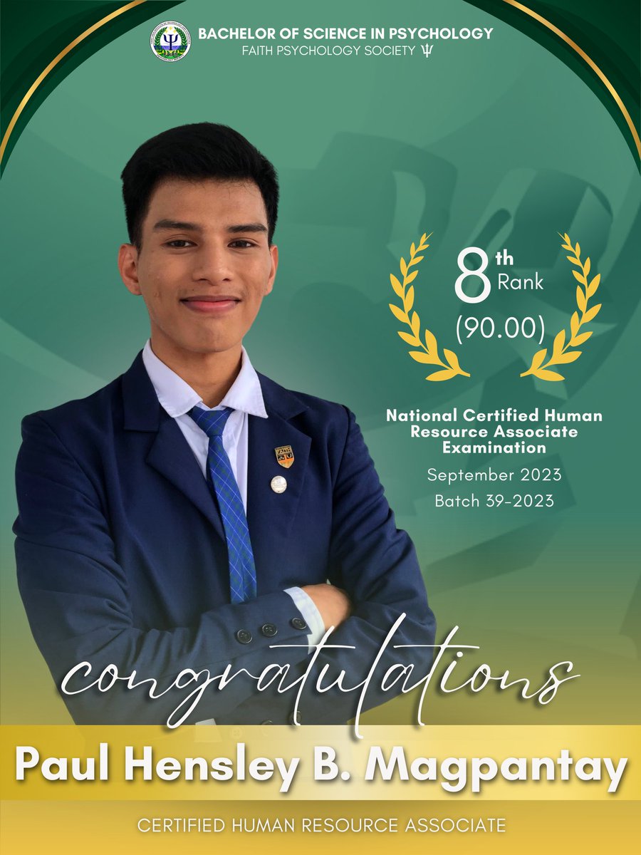 TheFAIPS's tweet photo. 🔱 TATAK FAIPS 🔱
CHRA TOPNOTCHER

With great joy and honor, The FAITH Psychology Society would like to extend it's heartiest congratulations to Paul Hensley B. Magpantay for acing the Certified Human Resource Associate (CHRA) Assessment Examination. https://t.co/DFVl2dk1Qu