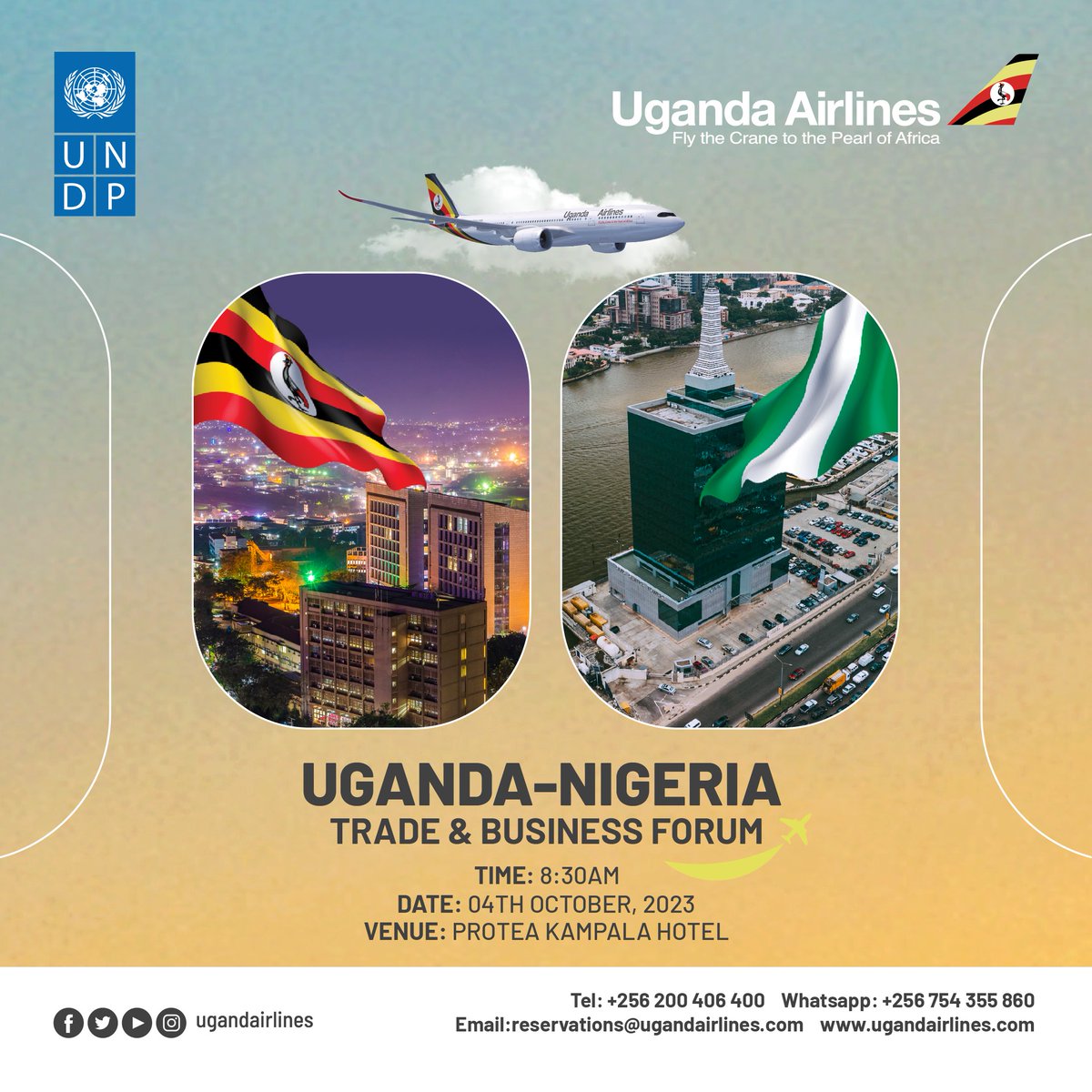 UG_Airlines's tweet photo. Uganda Airlines together with @UNDPUganda will be hosting the #UgandaNigeriaBusinessForum ahead of the #Entebbe #Lagos route launch. 
#FlyUgandaAirlines #NoWahala https://t.co/ckBYYgeTxS