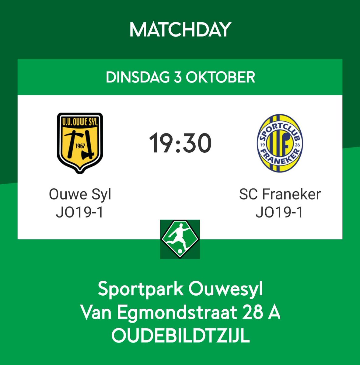 Match Day 
Ouwe Syl JO19-1 - SC Franeker JO19-1
Aanvang: 19.30 uur