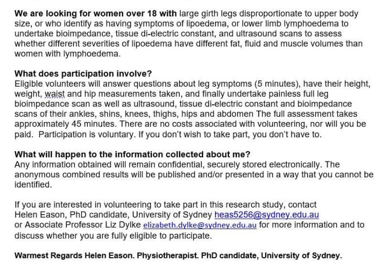 Sydney recruitment is now commencing for my research study! Data collection to occur at University of Sydney - Camperdown campus- dates to be confirmed soon. Please feel free to disseminate the study flyer below to interested ladies with big legs.