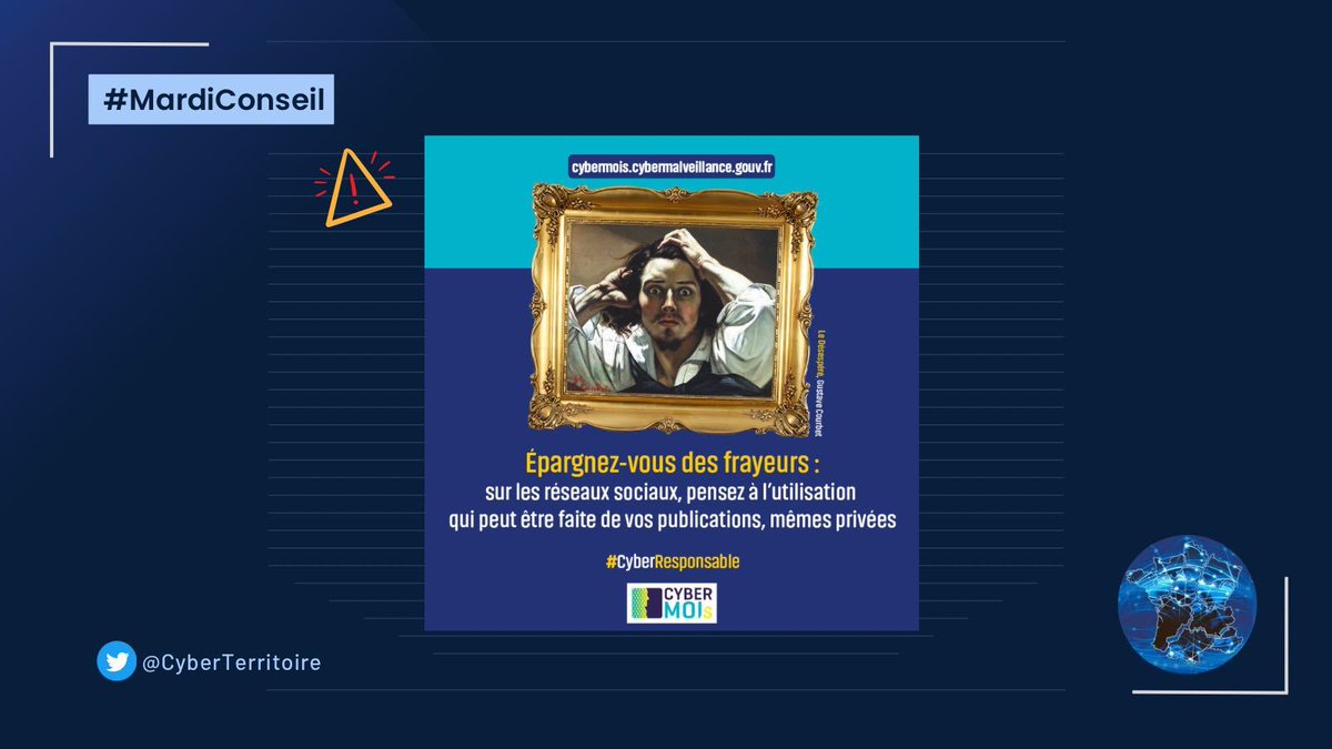 #MardiConseil
Ne laissez pas vos informations personnelles tomber entre de mauvaises mains. 
💡 Epargnez-vous des frayeurs ! Apprenez à maîtriser vos #reseauxsociaux !  
Pour en savoir plus et adopter les #reflexescyber 👉 Cybermalveillance.gouv.fr
#CyberResponsable #CYBERMOIS