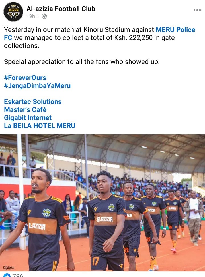ItisWinston's tweet photo. Al Aziza FC of Meru collected a total of 222,250/= from gate charges over the weekend. 

Entry was 100/- (adults), 50/- (kids), 500/- (VIP) #FootballKE https://t.co/FyCBFOpUNG