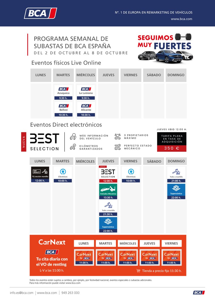 BCAspain's tweet photo. Os presentamos el calendario de subastas de esta semana. Estrenamos una nueva subasta; Best Selection, que entre otras cosas se caracteriza por ¡la tarifa plana en la tasa de adquisición de 350 €! 

Más información en https://t.co/f6YE8TsRYJ https://t.co/qKAMM3vat5