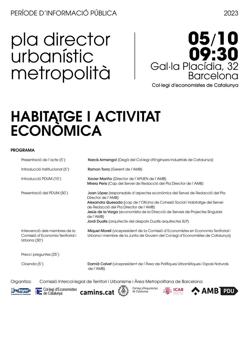Seguim amb el cicle de sessions!
"L'#Habitatge i l'#ActivitatEconòmica en el #PDUM"

🏢 Plaça Gal·la Placídia, 32
⏰ 05/10 de 9:30 a 11:30
👇 Inscriu-t'hi!

urbanisme.amb.cat/informar-se/pe…

<a href="/laintercolsuma/">LaIntercolSuma</a> <a href="/Enginyeria/">Enginyers Industrials de Catalunya</a> <a href="/economistescat/">Col·legi d'Economistes de Catalunya</a> <a href="/caminscat/">Enginyeria de Camins de Catalunya</a> <a href="/ICABarcelona/">ICAB · Advocacia Barcelona</a> <a href="/COACatalunya/">Col·legi d’Arquitectes de Catalunya</a>