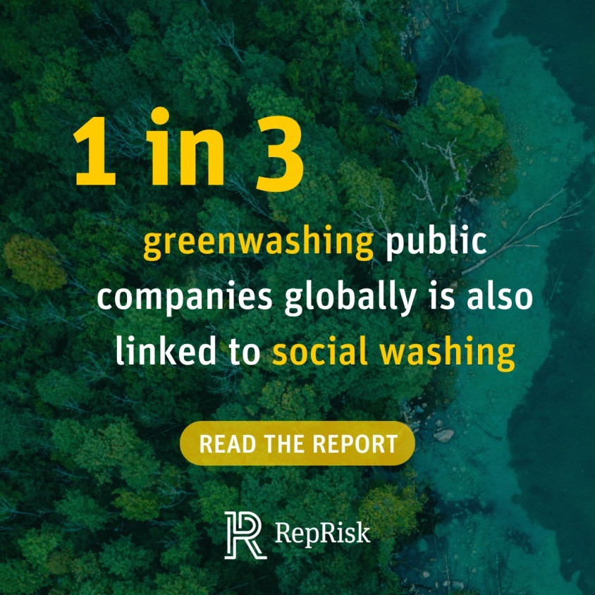 RepRisk's tweet photo. RepRisk’s newest report shows another surge in greenwashing: One in four climate-related ESG risk incidents globally was tied to greenwashing vs. one in five a year ago. https://t.co/jbmKbpp7AG