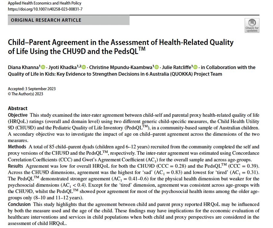 Our latest QUOKKA paper is out *TODAY*! We examined inter-rater agreement between child- &amp; proxy-reported HRQoL (overall &amp; domain level) using CHU9D &amp; PedsQL. Congrats to PhD student Diana Khanna <a href="/JulieRatcliff19/">Professor Julie. Ratcliffe</a> <a href="/Christinekaamb1/">Christine kaambwa</a> &amp; co-authors. <a href="/ApplHealthEcon/">Tim Wrightson ☮</a> <a href="/nancydevlin1/">nance devlin</a>