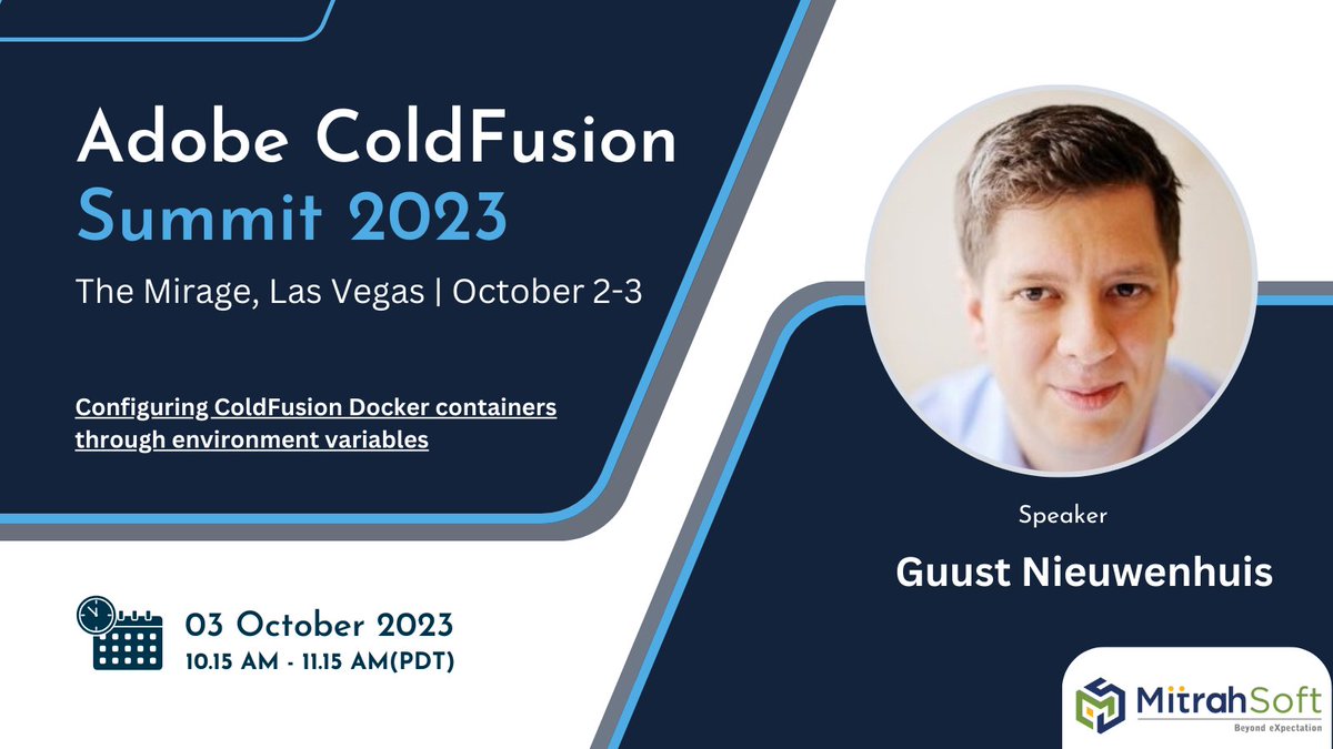 Configuring #coldFusion Docker containers through environment variables by <a href="/Lagaffe/">Guust Nieuwenhuis</a> at 10.15 AM - 11.15 AM(PDT)

#CFSummit2023 #adobe #cf2023 #innovation #summit #cfsummit #LasVegas