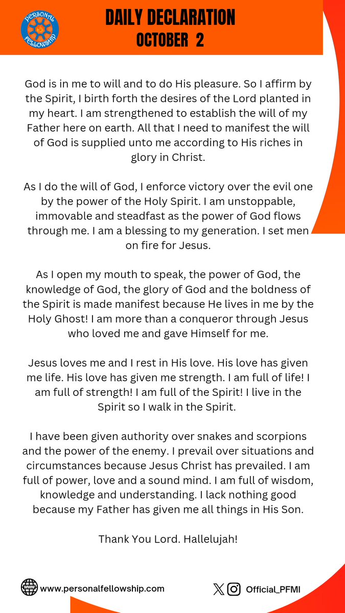 official_pfmi's tweet photo. Declare with confidence and go about your day with the consciousness of who you are and whose you are!
Gloryyyyyyyy!!!!
#DailyDeclaration #dailydeclarations #DecreeAndDeclare #DecreeAThing #word https://t.co/rO9iz4Lb22
