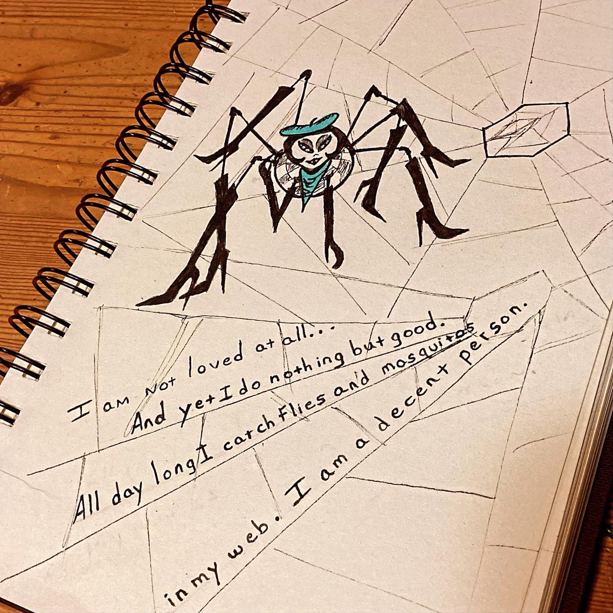 lisathegeekmom's tweet photo. #Inktober2023
#inktoberday2 
#spiders

#MissSpider speaking on behalf of spiders:

“I am not loved at all. And yet I do nothing but good. All day long I catch flies and mosquitos in my webs. I am a decent person.”

#RoaldDahl #jamesandthegiantpeach 
#doodles https://t.co/nnBAQVv1PZ