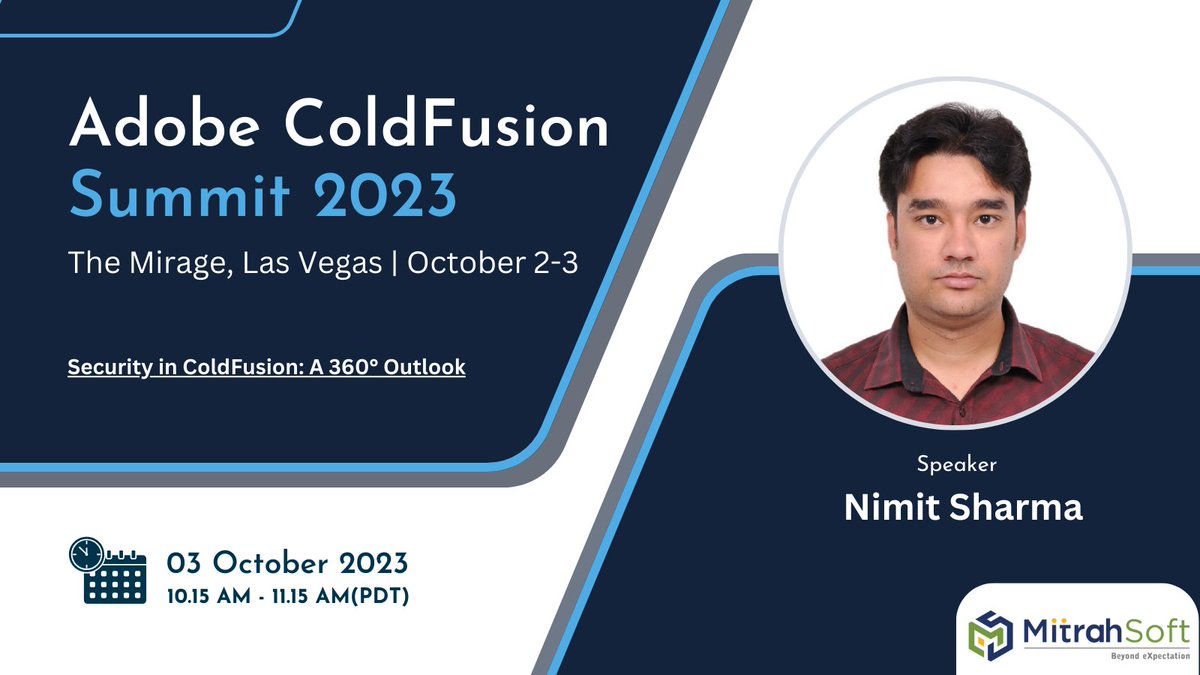 Security in #coldFusion: A 360° Outlook by <a href="/nimsharm/">Nimit Sharma</a> at 10.15 AM - 11.15 AM(PDT)

#CFSummit2023 #adobe #cf2023 #innovation #summit #cfsummit #LasVegas