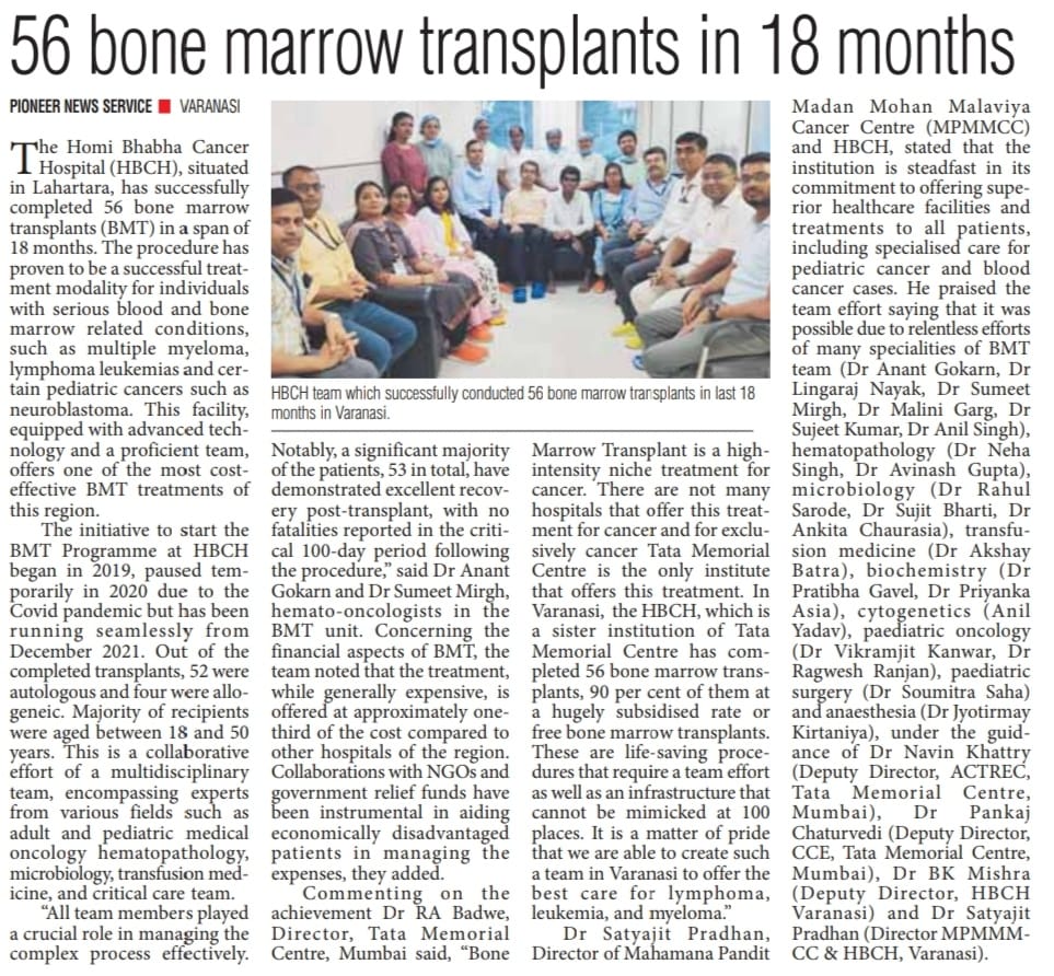 Homi Bhabha Cancer Hospital Pioneers Affordable Healthcare with 56 Bone Marrow Transplants in 18 Months. #cancerCare @TMC_Varanasi