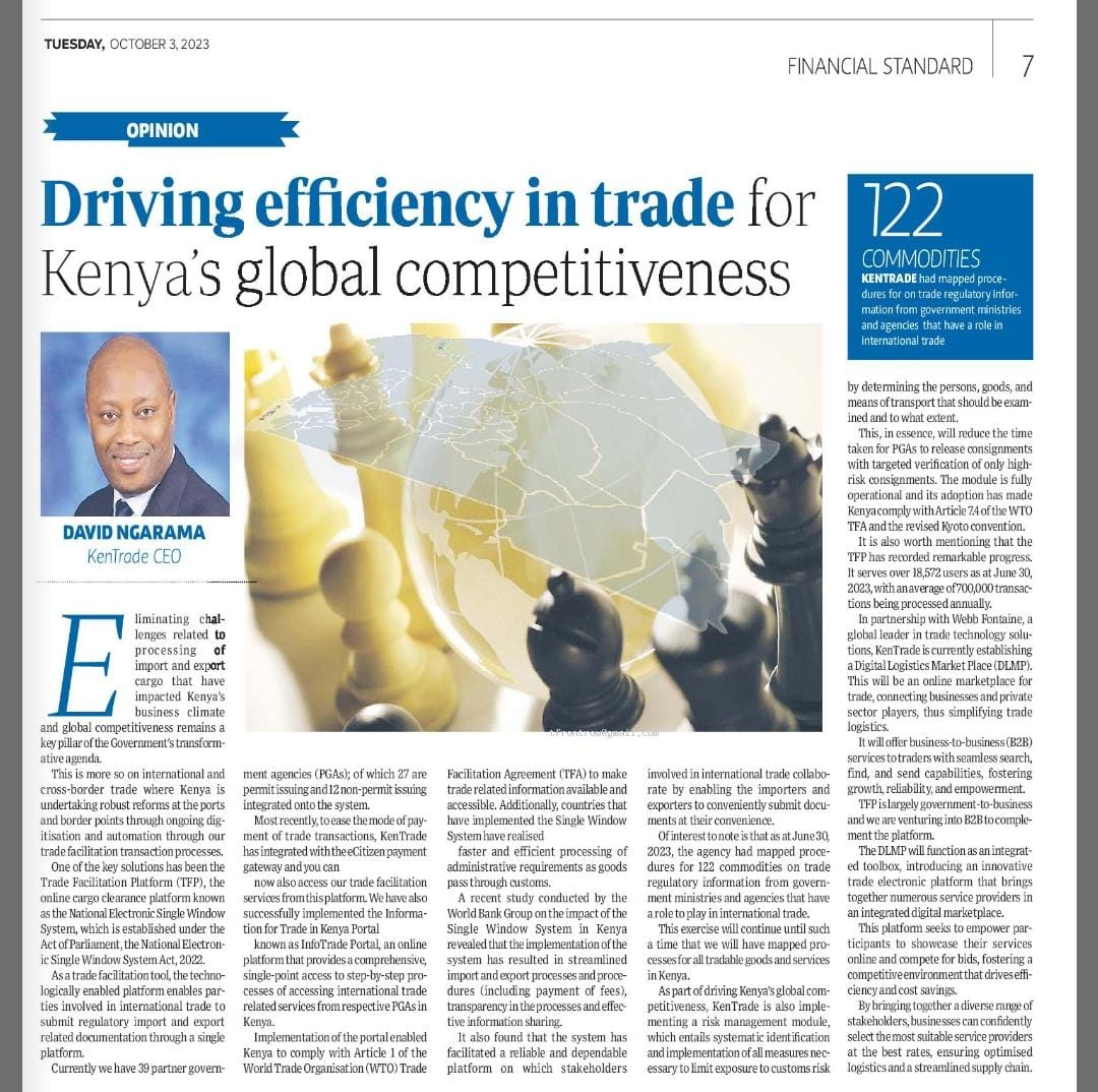 We put a case for Kenya's 🇰🇪 global competitiveness and <a href="/KenTrade_G2B/">KenTrade</a>'s strategic role. 
Thanks to <a href="/StandardKenya/">The Standard Digital</a> for offering us the platform.

#CSWeek2023 #CSWeek