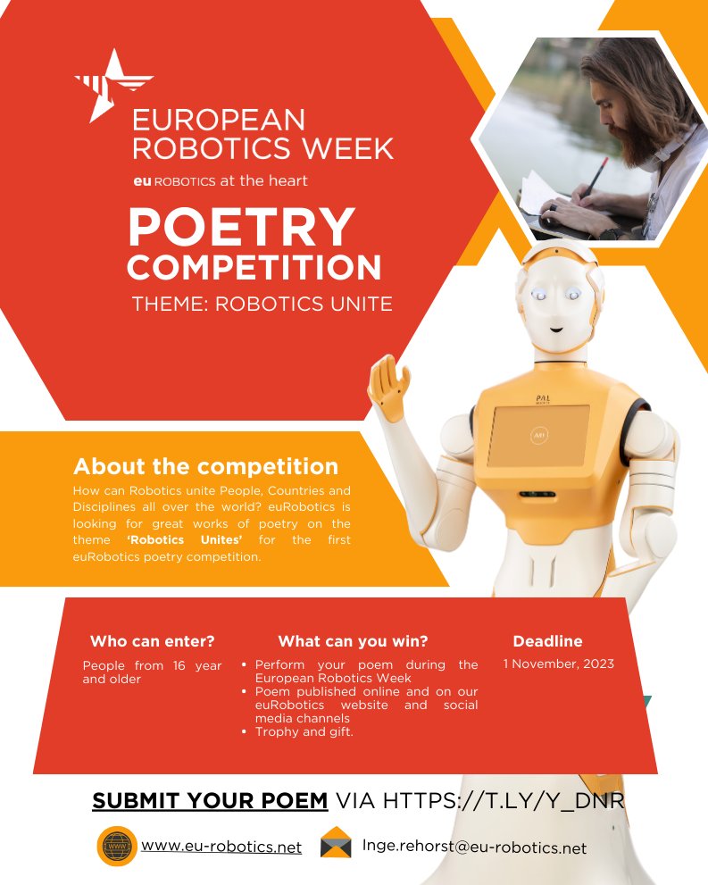 𝐄𝐮𝐫𝐨𝐩𝐞𝐚𝐧 𝐑𝐨𝐛𝐨𝐭𝐢𝐜𝐬 𝐖𝐞𝐞𝐤: 𝐏𝐎𝐄𝐓𝐑𝐘 𝐂𝐎𝐌𝐏𝐄𝐓𝐈𝐓𝐈𝐎𝐍

All the details you need can be found at t.ly/2Z2ui

 For the 𝐂𝐡𝐢𝐥𝐝𝐫𝐞𝐧’𝐬 𝐏𝐨𝐞𝐭𝐫𝐲 𝐂𝐨𝐦𝐩𝐞𝐭𝐢𝐭𝐢𝐨𝐧 𝟐𝟎𝟐𝟑 go to t.ly/Ticur