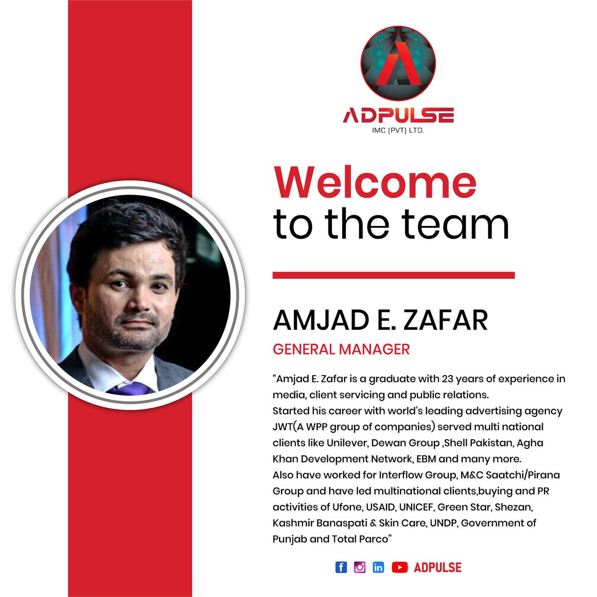 AdPulseIMC's tweet photo. We are excited to announce that Amjad Zafar has joined AdPulse as our 𝐆𝐄𝐍𝐄𝐑𝐀𝐋 𝐌𝐀𝐍𝐀𝐆𝐄𝐑. We are confident that Amjad Zafar will be a great asset to AdPulse. Welcome to the Team AdPulse !
#adpulse #welcome #directormedia #advertising #marketing https://t.co/9Bpv6fuqSh
